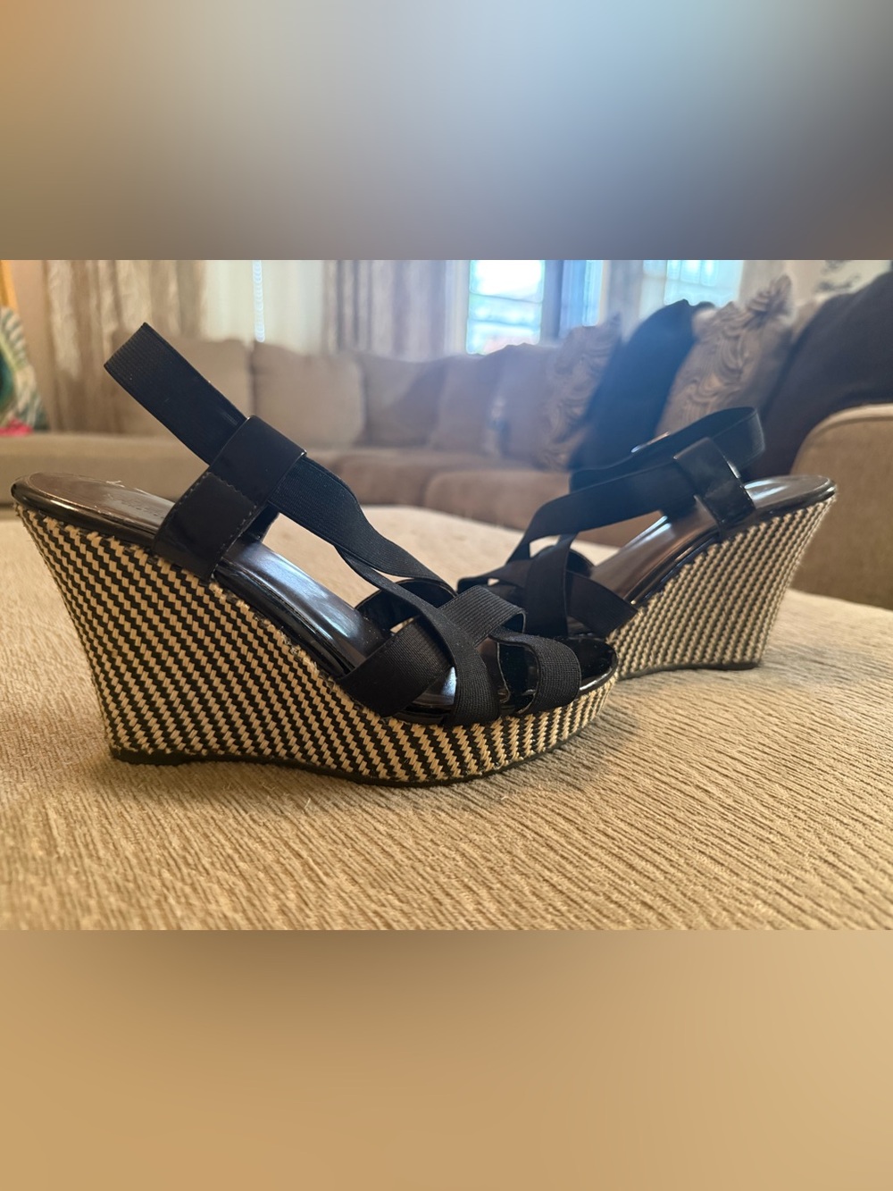 Charles by Charles David Black Strappy Wedge Sandals with Woven Platform